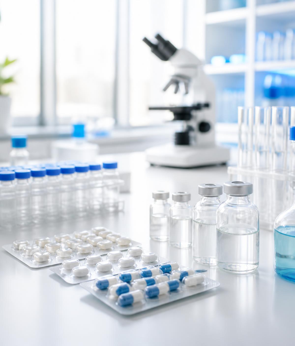 Pharmaceutical laboratory bench with vials and blister packs
